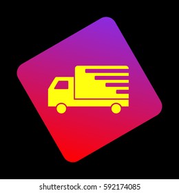 Delivery sign illustration. Vector. Yellow icon at violet-red gradient square with rounded corners rotated for dynamics on black background.