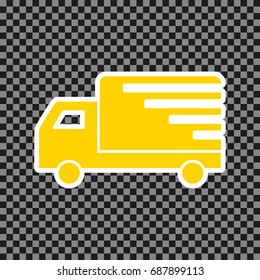 Delivery sign illustration. Vector. Yellow icon with white contour on dark transparent background.