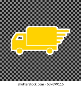 Delivery sign illustration. Vector. Yellow icon with white contour on dark transparent background.