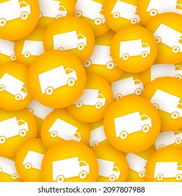 Delivery sign on sticker pattern. Badge with truck. Price tag. Vector stock illustration.