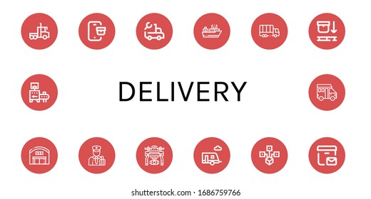 delivery simple icons set. Contains such icons as Lorry, Tracking, Truck, Cargo ship, Use pallet, Warehouse, Customs, Drone, Trailer, Distributed, can be used for web, mobile and logo