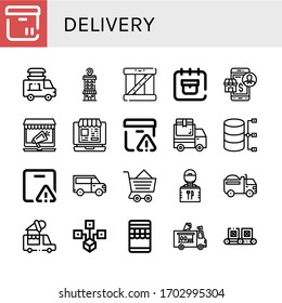 delivery simple icons set. Contains such icons as Box, Food delivery, Store, Delivery date, Online shopping, Important truck, can be used for web, mobile and logo