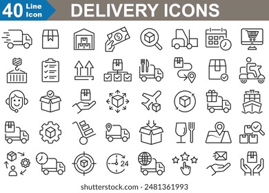 Delivery simple linear web icons set. Fast delivery, service, tracking, customs, scooter, truck, bicycle, Box, Package and Label icons. vector illustration