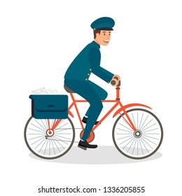 Delivery Small Parcels on Bicycle through City. Young Smiling Man in Form Green Postman Riding Red Modern City Bike. Vector Illustration on White Background. Post Office in Countryside.
