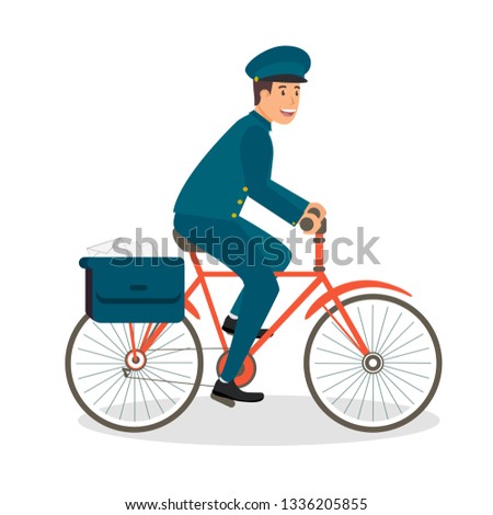 Delivery Small Parcels on Bicycle through City. Young Smiling Man in Form Green Postman Riding Red Modern City Bike. Vector Illustration on White Background. Post Office in Countryside.