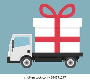 Delivery or small truck transporting a huge white gift box with red ribbon. Flat style