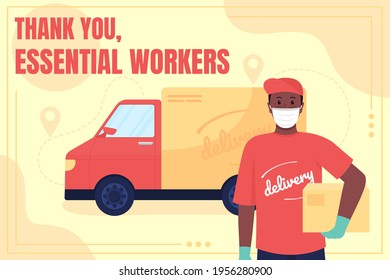 Delivery social media post mockup. Thank you essential workers phrase. Web banner design template. Pandemic booster, content layout with inscription. Poster, print ads and flat illustration