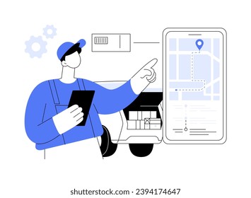 Delivery software abstract concept vector illustration. Deliveryman using smartphone app to control address of order, modern technology for couriers, commercial city transport abstract metaphor.