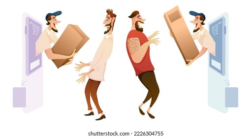 Delivery staff deliver products to customers who shop through online applications in cartoon character on white background