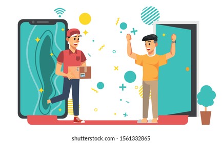 The delivery staff are delivering the goods to the customers. online shopping concept.