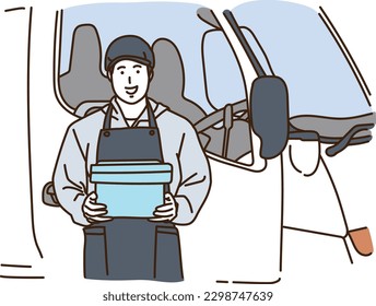 Delivery staff man with cooler box in front of truck