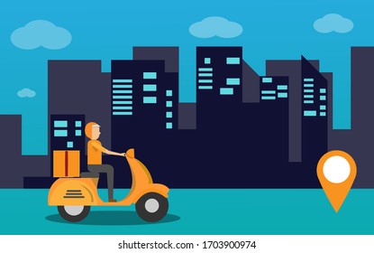 Delivery staff on yellow scooter. Delivery is popular for speed tracking tracking by map application
