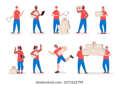Delivery staff people set in flat design. Men and women work in warehouse, couriers and workers carrying parcels and boxes. Bundle of diverse characters. Vector illustration isolated persons for web