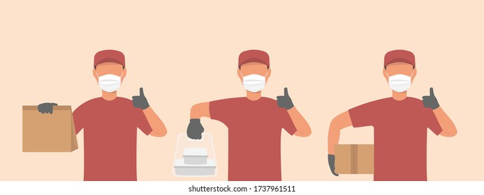 The delivery staff in the red hat, blank T-shirt, uniform, mask, mask holding an empty paper box, document bag, and rice box. Service outbreak epidemic concept Coronavirus Epidemic in 2019-ncov