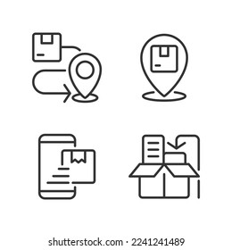 Delivery stages pixel perfect linear icons set. Order goods. Packaging and shipment. Receive box. Address. Customizable thin line symbols. Isolated vector outline illustrations. Editable stroke