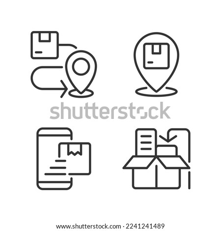 Delivery stages pixel perfect linear icons set. Order goods. Packaging and shipment. Receive box. Address. Customizable thin line symbols. Isolated vector outline illustrations. Editable stroke