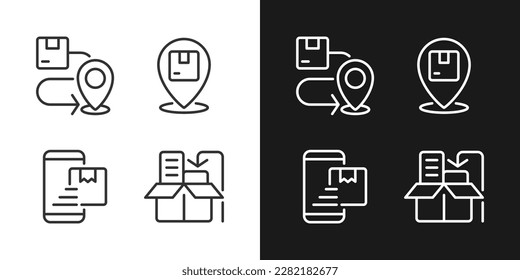 Delivery stages pixel perfect white linear icon for dark themes set for dark, light mode. Order goods. Receive box. Thin line symbols for night, day theme. Isolated illustrations. Editable stroke