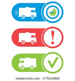 Delivery status icons. Delivering, problem indicator, delivered. Shipping tracking symbols.