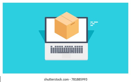 Delivery status notification, laptop with cardboard box, cargo online tracking concept isometric flat vector illustration