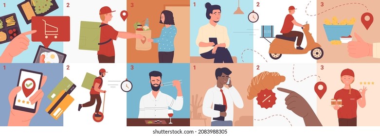 Delivery steps for ordering food vector illustration set. Cartoon people choose, confirm order, courier delivering box, using modern fast city transport. Online shop service infographic collection