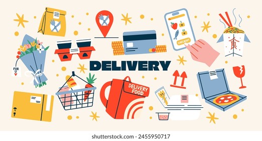 Delivery stickers. Collection of various labels, tags, stickers, stamps, food delivery, packaging. Cool hipster stickers in 90s style. Vector set, trandy promo labels