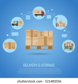 Delivery and storage concept infographics with flat Icons pallet with boxes and delivery process in store. Vector illustration