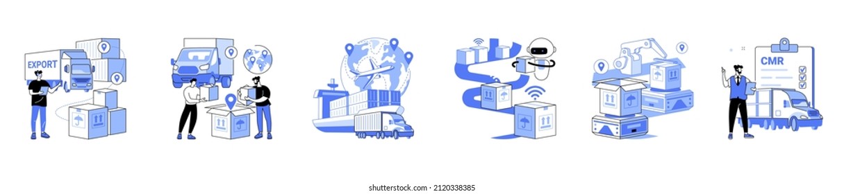 Delivery   storage goods in warehouses around the world  Import export linear flat vector concept illustrations set  Freight transport  land  air   sea transport  Automatic loading by robots 