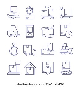 Delivery storage icon. Logistic symbols shipping and transportation packages warehouse storage boxes garish vector pictograms and symbols