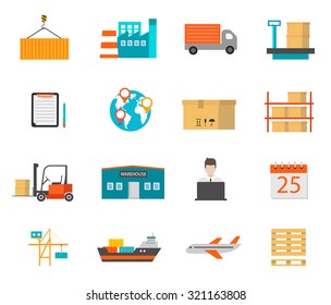 Delivery and storage icons with warehouse building, transport and other objects, vector illustration. Logistics and shipping symbols set