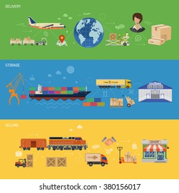 Delivery, Storage, Logistics and Selling Horizontal Banners with Cargo Ship, Truck, Warehouse, Shop, Forklift,  Train and Car in Flat style. Vector for Web Site and Printing Advertising.