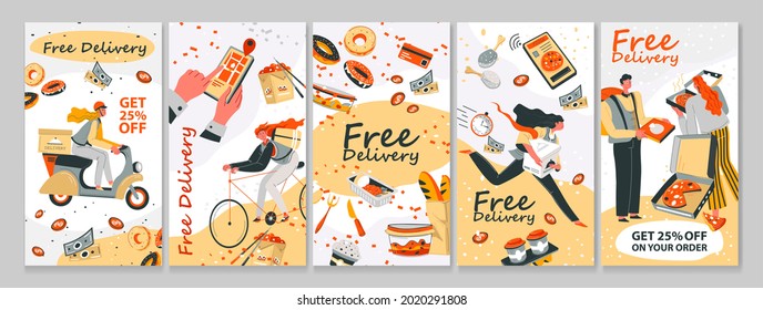 Delivery Story Poster, Food Service Design Set, Vector Illustration. Cartoon People Character Deliver Meal To Customer, Promotion Banner For Social Media. Get Discount On Online Order, Graphic Ad.