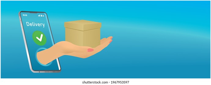 Delivery success banner. Hand with parcel coming out after online ordering. Vector illustration.