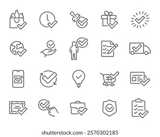 Delivery Success Icons. Editable vector icon set- groceries, clock, stamp, gift, checklist, truck, mobile approval. Perfect for logistics and e-commerce