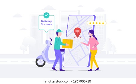 Delivery success illustration. Woman cash on delivery with courier man. Suitable for user interface, ui, ux, web, mobile, banner and infographic.