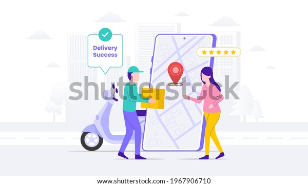 Delivery success illustration. Woman cash on\
delivery with courier man. Suitable for user interface, ui, ux,\
web, mobile, banner and\
infographic.