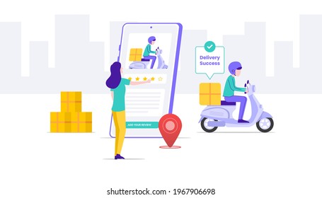 Delivery success illustration. Woman leave a review to driver illustration. Suitable for user interface, ui, ux, web, mobile, banner and infographic.