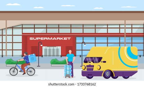 Delivery from supermarket by courier groceries, food, convenient grocery store service design, cartoon style vector illustration. Water transportation city, man carries goods on bicycle along street.