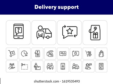 Delivery support line icon set. Shopping cart, bag, courier. Service concept. Can be used for topics like internet store, ordering, customer service