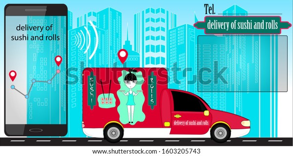 delivery of sushi and rolls. japan food\
delivery. vector\
illustration.