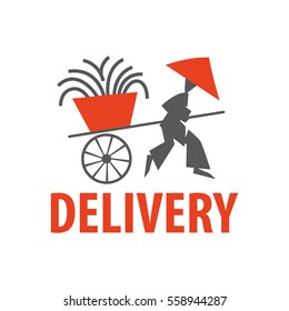 Delivery sushi. Vector logo. A Chinese man with cart.