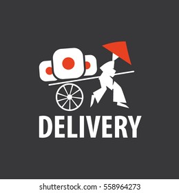 Delivery sushi. Vector logo. A Chinese man with cart.