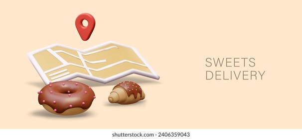 Entrega de dulces. Mapa 3D, donut, croissant, etiqueta geo roja. Concepto de entrega de aperitivos calientes para el desayuno y el almuerzo. Oferta publicitaria de panadería, pastelería cerca