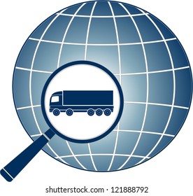 delivery symbol with magnifier, lorry and planet silhouette