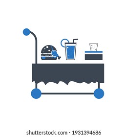 Delivery table icon, restaurant food delivery table icon. Table with wheel, moving table icon.