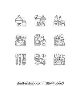 Delivery and takeout linear icons set. Drinks and beverages. Condiments and sauces. Ready-made dishes. Customizable thin line contour symbols. Isolated vector outline illustrations. Editable stroke