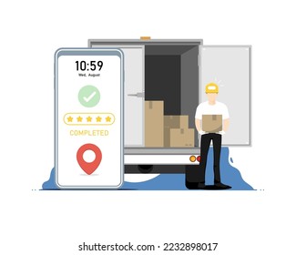 Delivery to target concept, Human courier with truck delivery, Digital marketing illustration.