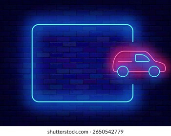 Delivery and taxi neon flyer. Light greeting card. Empty blue frame and car. Vector stock illustration