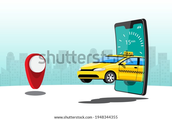 Delivery Taxi Online car sharing with cartoon character\
and smartphone Smart city transportation concept, vector\
illustration 