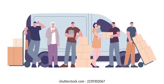 Delivery team and customers. Logistic service, man with parcels, old woman and mother with baby on hands. Shipping vector concept