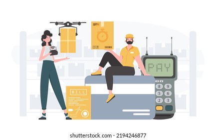 Delivery team. Home delivery concept. Finished poster. Trendy flat style. Vector.